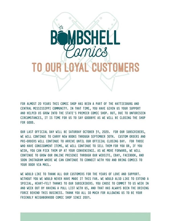 Bombshell Comics of Hattiesburg, Missouri, Closes After 20 Years