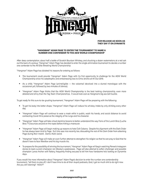 Hangman Page released this press release about his decision to join Kenny Omega in the AEW number one contender tournament at the Full Gear PPV