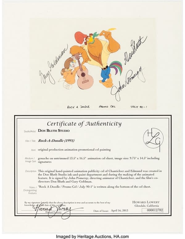 Rock-A-Doodle Publicity Cel Certificate of Authenticity. Credit: Heritage