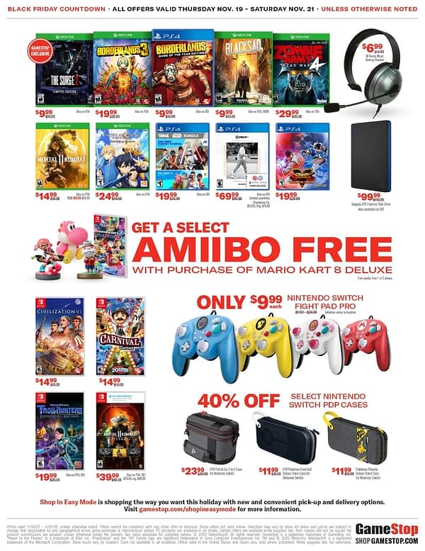 The second half of the flyer detailing Gamestop's Black Friday Countdown sales event, beginning November 19th and running through November 21st.