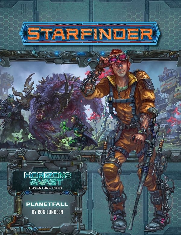 The cover for Starfinder: Horizons of the Vast - Planetfall, a new Adventure Path module for the Starfinder science-fiction role-playing game by Paizo.
