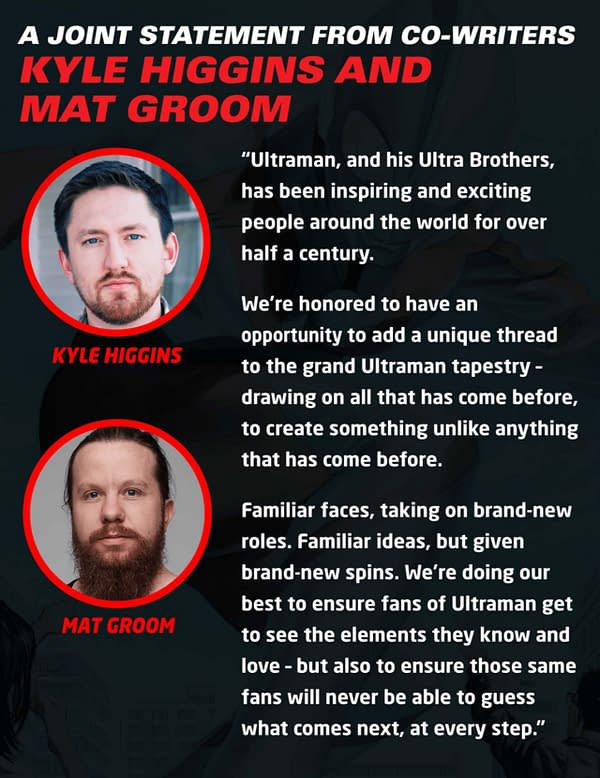 Kyle Higgins and Mat Groom's co-writer statement on Ultraman. Credit: Marvel Comics.