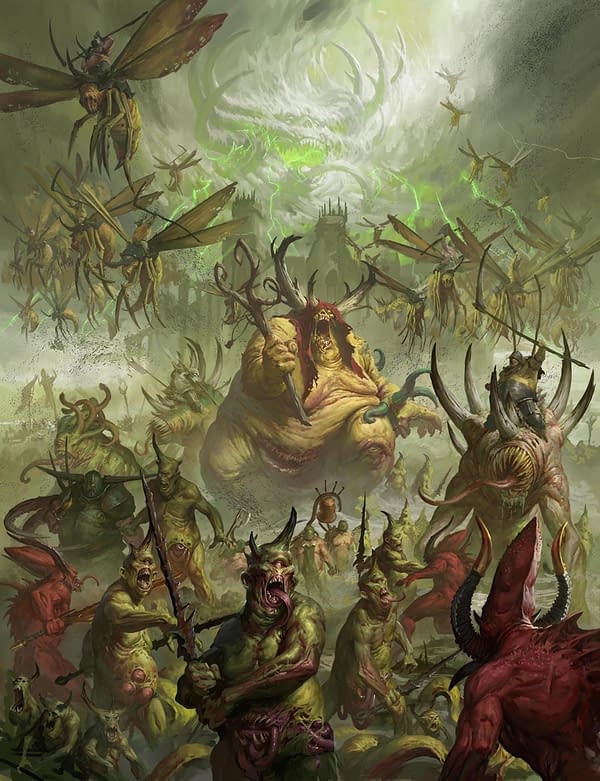 A battle scene drawn from the side of Grandpapa Nurgle, within Age of Sigmar, Games Workshop's big fantasy wargame. Note the bells in the scene; do you think Nurgle of all factions would go to war without music? Attributed to Games Workshop and illustrated by Johan Grenier.