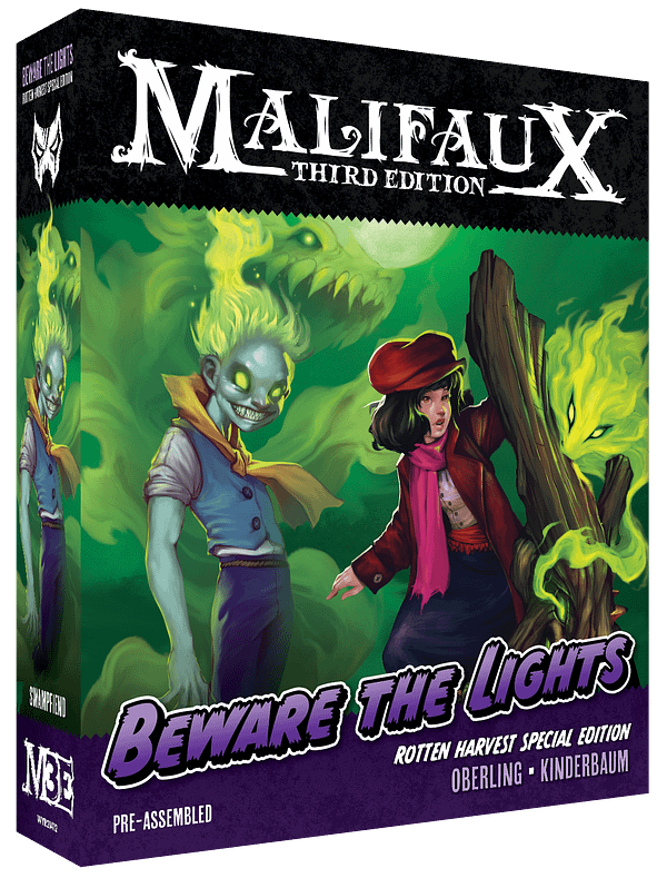 The front of the box for Beware The Lights, a limited-edition boxed set for Malifaux, a wargame by Wyrd Games.