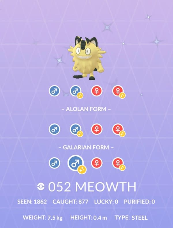 Shiny Galarian Meowth is currently unreleased but viewable in Pokémon GO. Credit: Niantic