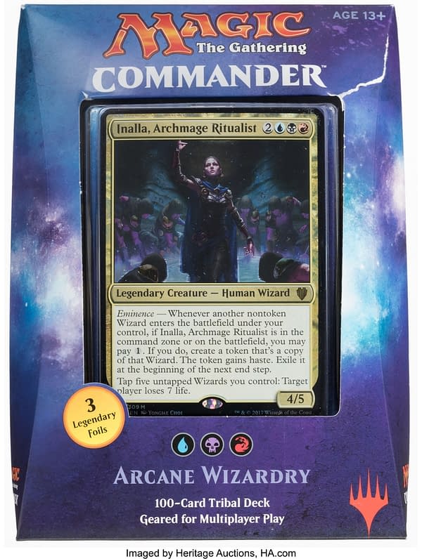 The front face for the sealed copy of the Arcane Wizardry preconstructed Magic: The Gathering deck from Commander 2017. Currently available at auction on Heritage Auctions' website.