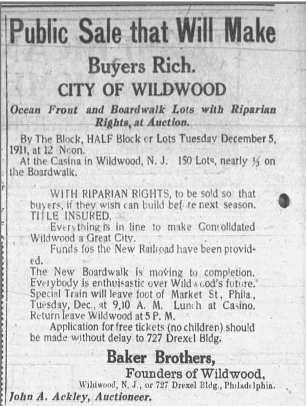 1911 Newspaper Announcement of Wildwood, NJ real estate auction.