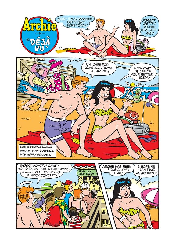 A colorful cartoon illustration from Archie Comics featuring characters at the beach. The main characters, Archie and a girl in a swimsuit, are enjoying time together, surrounded by other beachgoers and beach paraphernalia.