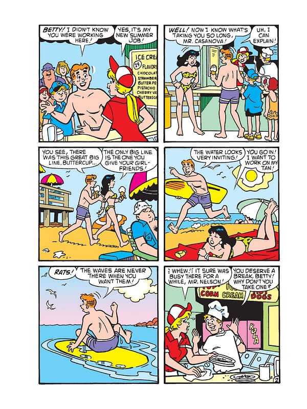 A colorful cartoon panel from Archie Jumbo Comics Digest #362 showing characters at a beach, interacting humorously. Characters include Betty, who works at an ice cream stand, and others in summer attire, enjoying the sun and discussing beach activities.