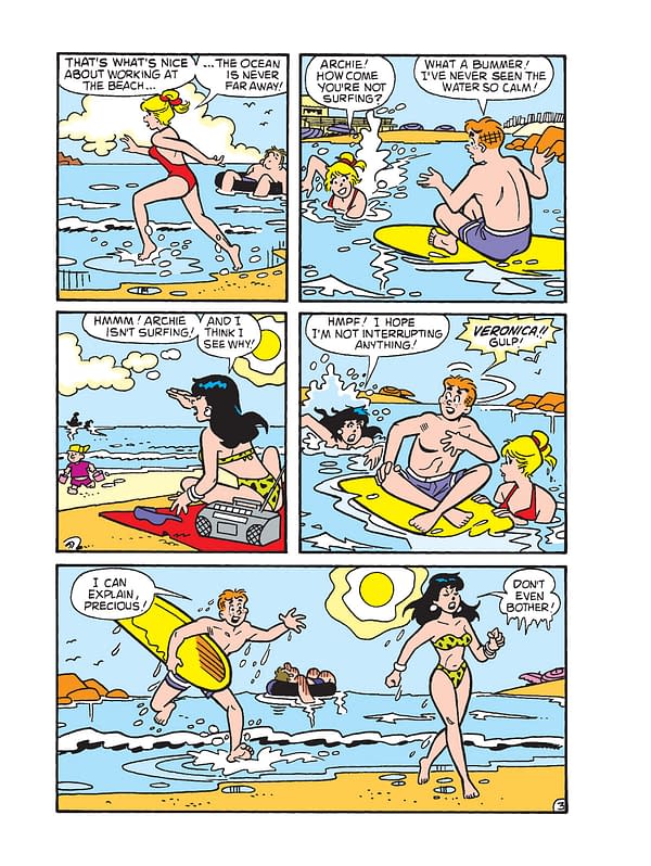 This cartoon illustration features characters from Archie Comics enjoying a beach scene. Some characters are surfing, while others are lounging on the sand, with playful dialogue about surfing and relationships.