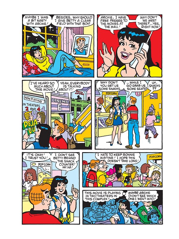 A vibrant cartoon panel from Archie Jumbo Comics Digest #362 shows characters discussing a movie outing. One character, a girl in pajamas talking on the phone, is seen against a window while various others are depicted going to a cinema, with popcorn stands and excited moviegoers in the background.
