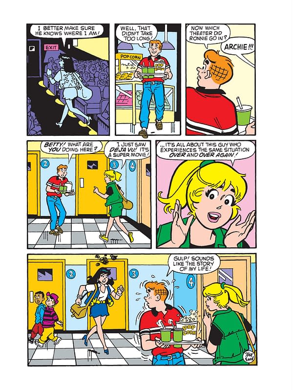 A cartoon panel from Archie Jumbo Comics Digest #362 showing characters in a movie theater setting. Archie holds food and drinks while interacting with Betty and Veronica, who are discussing a movie about déjà vu.