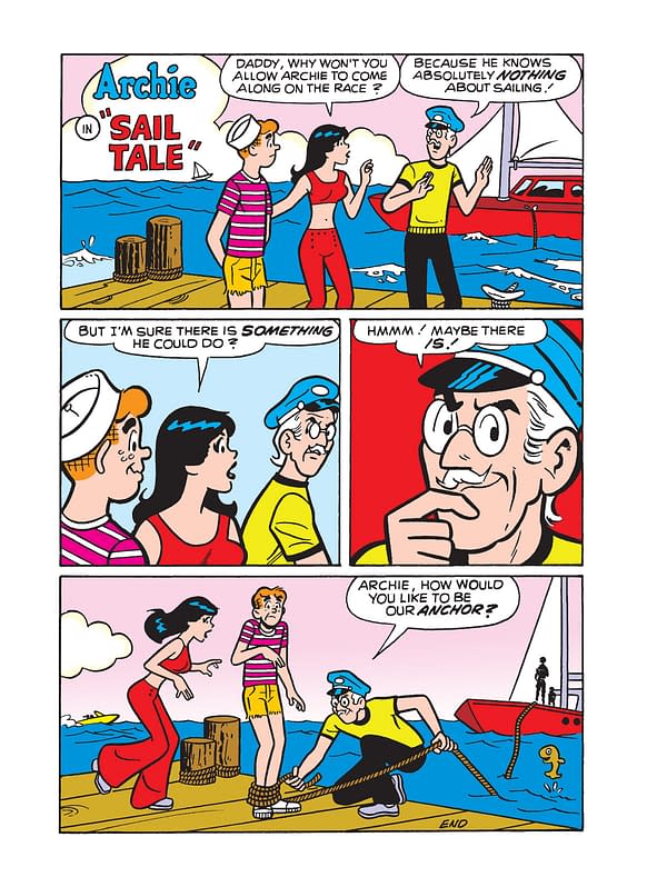 A colorful cartoon from Archie Jumbo Comics featuring characters discussing sailing. Archie stands in the foreground looking puzzled while others around him express varying reactions about his sailing knowledge.