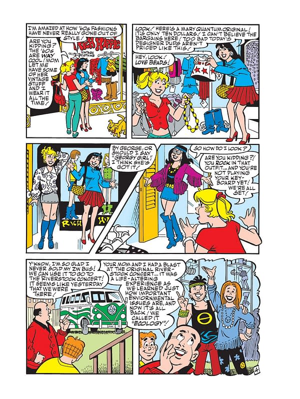 A vibrant cartoon scene from 'Archie Jumbo Comics Digest #363' depicts characters discussing 1960s fashion in a vintage clothing store, featuring colorful outfits and playful dialogue about hairstyles and accessories. The setting includes a colorful VW van and various characters enjoying a nostalgic moment.