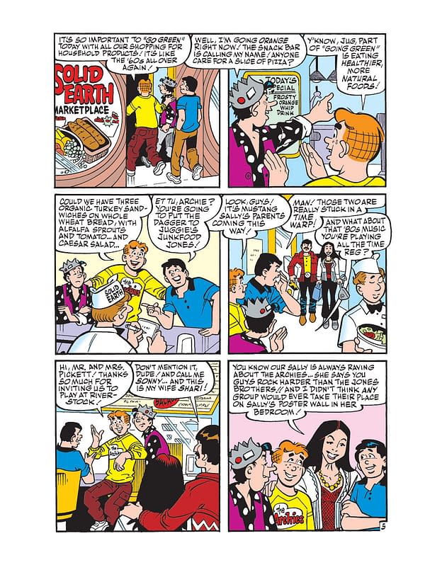 A colorful cartoon scene featuring characters discussing food choices and music in a marketplace setting, highlighting a humorous interaction between them. Several characters are present, including a boy in a blue shirt, a girl with a crown, and others engaged in conversation.