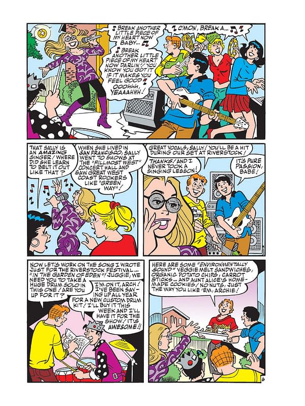 A colorful comic strip featuring characters from Archie Comics. A lively scene shows musicians preparing for a performance, with a singer practicing and friends supporting her, surrounded by musical instruments and playful banter.