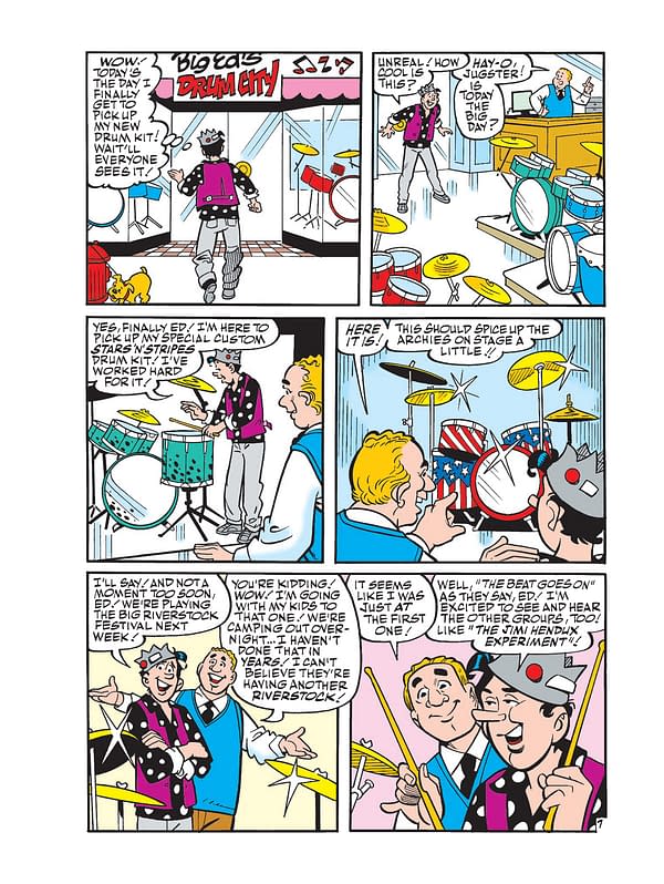 A colorful cartoon panel featuring characters discussing a new drum kit. One character excitedly shows off the drum kit while the others react with enthusiasm, depicting a lively music-themed scene.