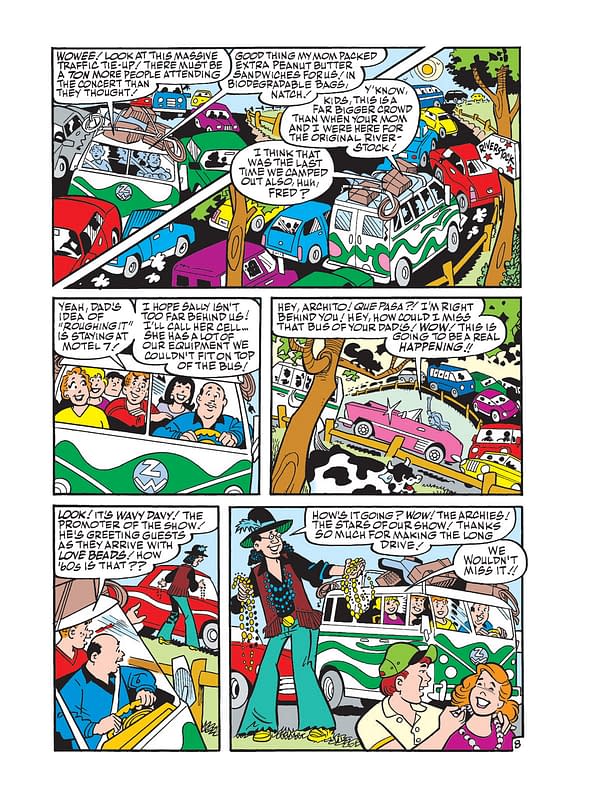 A colorful comic strip illustration shows a traffic jam with various cartoon characters discussing a concert. The scene features distinctive vehicles, a character in a green plaid outfit greeting guests, and humorous dialogue about their camping experience.