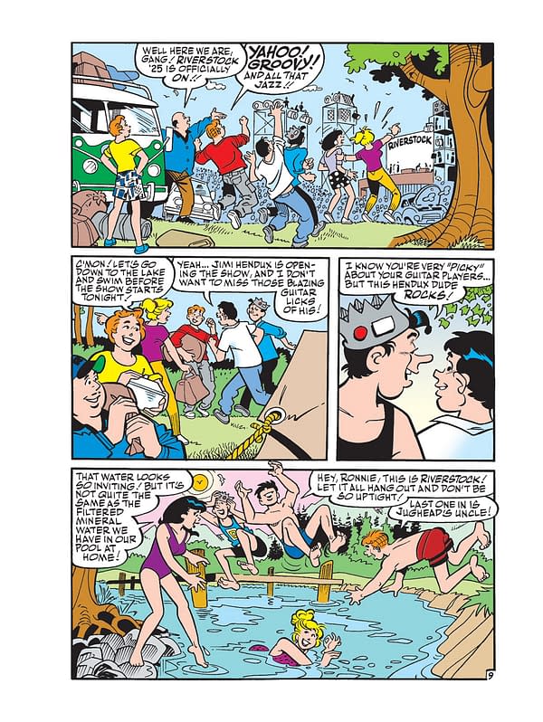 A colorful cartoon scene from Archie Jumbo Comics featuring a group of characters at a festival called Riverstock '25. Characters are engaged in various activities, including dancing, swimming, and enjoying the festive atmosphere.