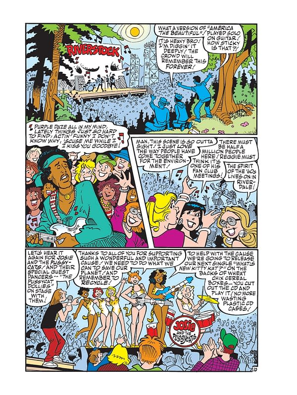 A colorful cartoon panel depicting a lively concert at a festival called 'RIVERSTOCK'. Featured are characters enjoying music, dancing, and engaging with the environment, with a stage and a large crowd visible. Josie and the Pussycats are performing energetically among enthusiastic fans.