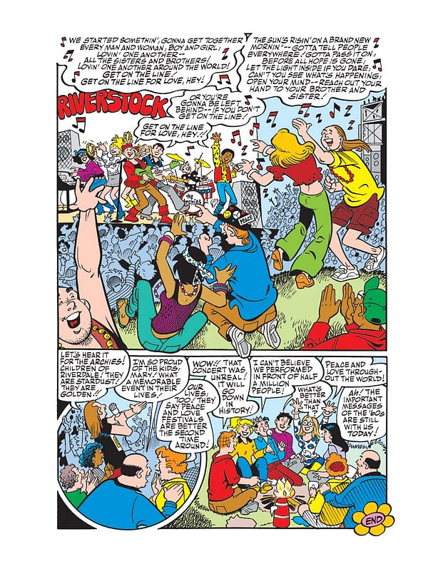A colorful cartoon scene depicting various characters at a music festival called Riverstock, celebrating peace and love. The characters are shown singing, dancing, and enjoying the lively atmosphere with a stage in the background.