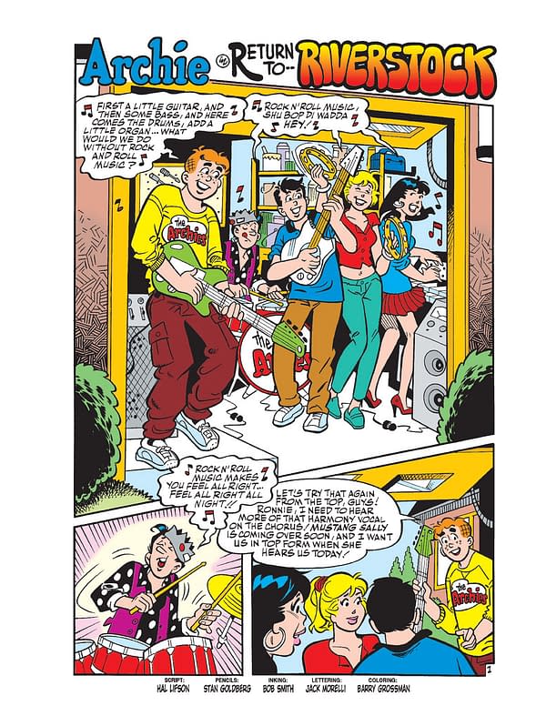 A colorful cartoon illustration showcasing characters from the Archie series performing music together, featuring instruments like a guitar and drums, with musical notes around them.