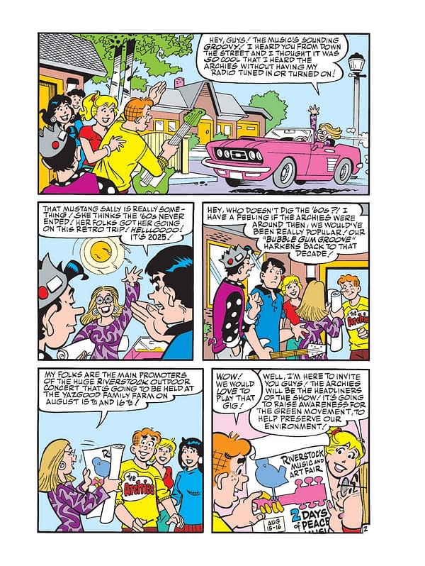 A colorful comic strip featuring characters from Archie Comics, discussing a retro outdoor concert called Riverstock, featuring The Archies. The scene includes various characters interacting, with one character playing a guitar and another driving a pink convertible.