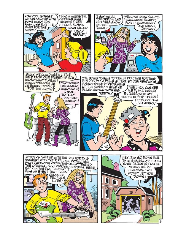 A colorful cartoon scene from Archie Jumbo Comics, featuring characters discussing a music gig. A girl with a guitar suggests a wardrobe theme, while her friends plan for the concert.