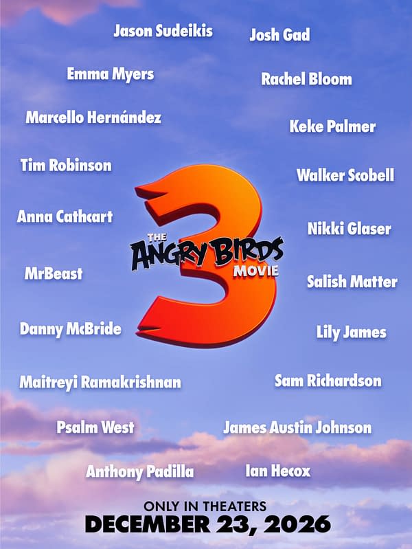 A promotional poster for 'The Angry Birds Movie 3,' featuring the names of the voice cast including Jason Sudeikis, Josh Gad, and MrBeast. The release date 'December 23, 2026' is displayed at the bottom.