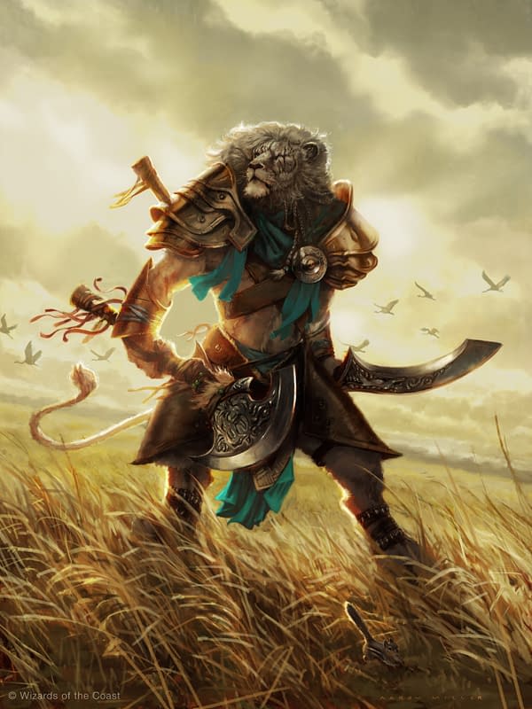 The art of Ajani, Mentor of Heroes, a Planeswalker within the Magic: The Gathering canon. Illustrated by Aaron Miller.