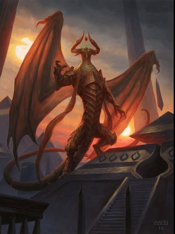 The full art for Nicol Bolas, Planewalker, a card originally from Conflux, reprinted in Archenemy: Nicol Bolas, a supplemental set for Magic: The Gathering. Illustrated by Chris Rahn.