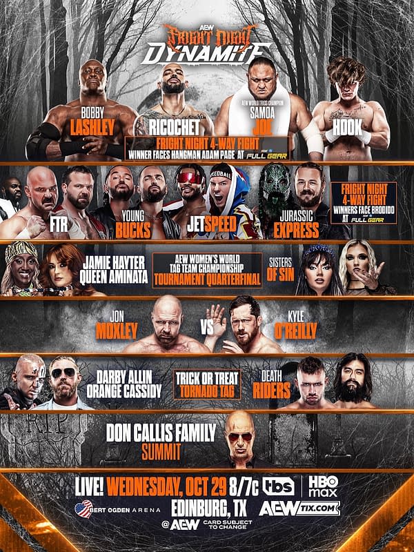 A promotional graphic for AEW's 'Fright Night Dynamite' featuring several professional wrestlers and match details, set against a spooky forest background. Key matches include a 4-way fight and tournament quarterfinals.