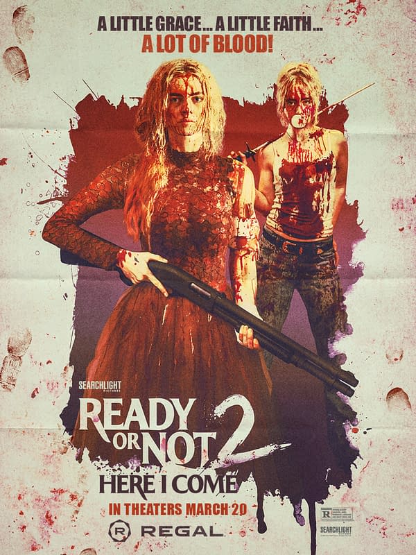 Promotional poster for 'Ready Or Not 2: Here I Come,' featuring two bloody female characters, one holding a shotgun. The tagline highlights themes of grace, faith, and blood, with a release date of March 20.