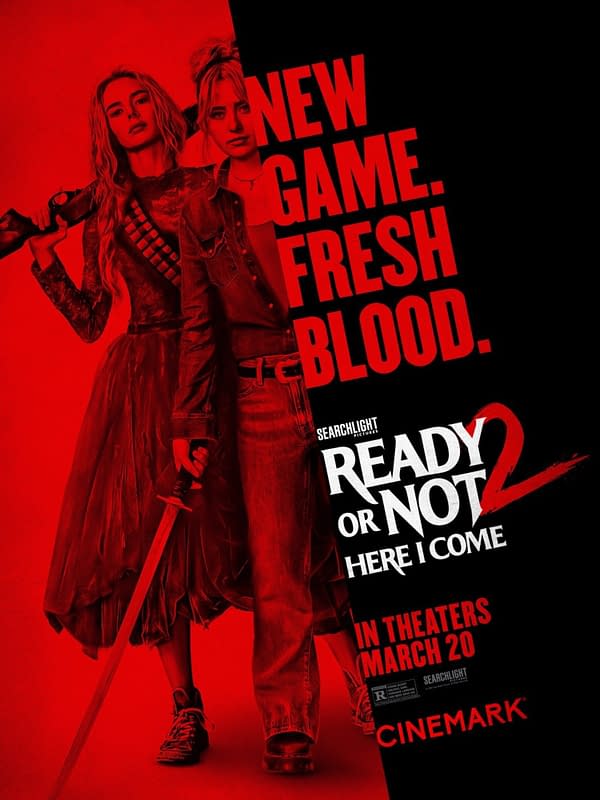 A poster for the film 'Ready Or Not 2: Here I Come,' featuring two women positioned back-to-back, one holding a sword and the other wielding a weapon, set against a dramatic red background with the text 'NEW GAME. FRESH BLOOD.' and film release details.