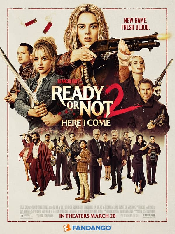 A movie poster for 'Ready Or Not 2: Here I Come,' featuring multiple characters wielding weapons, set against a light background with the tagline 'New Game. Fresh Blood.' The poster includes elements of suspense and horror with various characters organized in a dynamic composition.