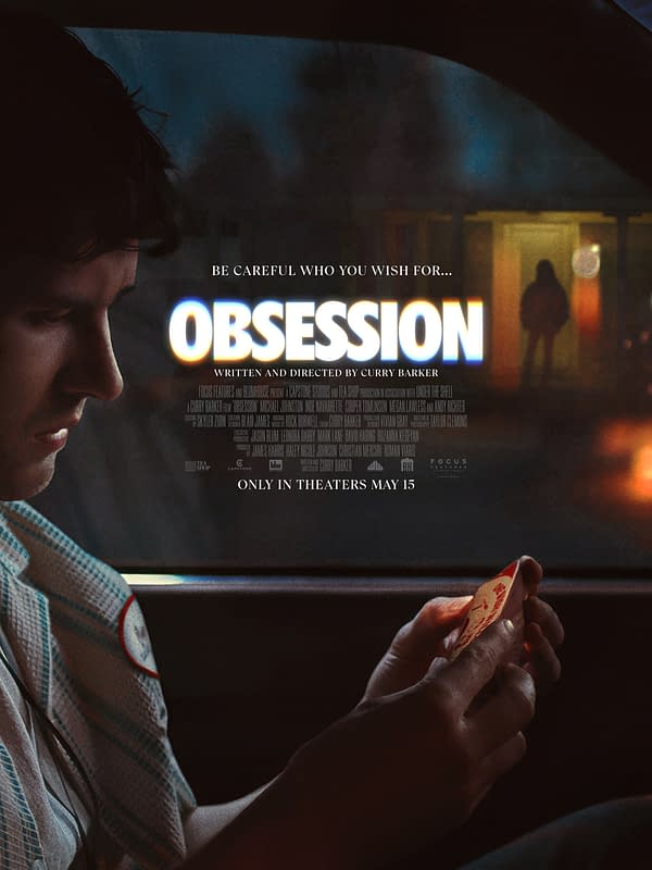 A dramatic movie poster for 'Obsession,' featuring a young man sitting in a car, holding a small object while looking contemplative. The title 'Obsession' is prominently displayed in bright letters, and the tagline warns, 'Be careful who you wish for...'.