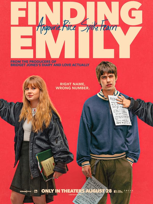 Movie poster for <em>Finding Emily</em> featuring a red background, oversized cream title text, and two young people holding handwritten notes. The tagline reads,