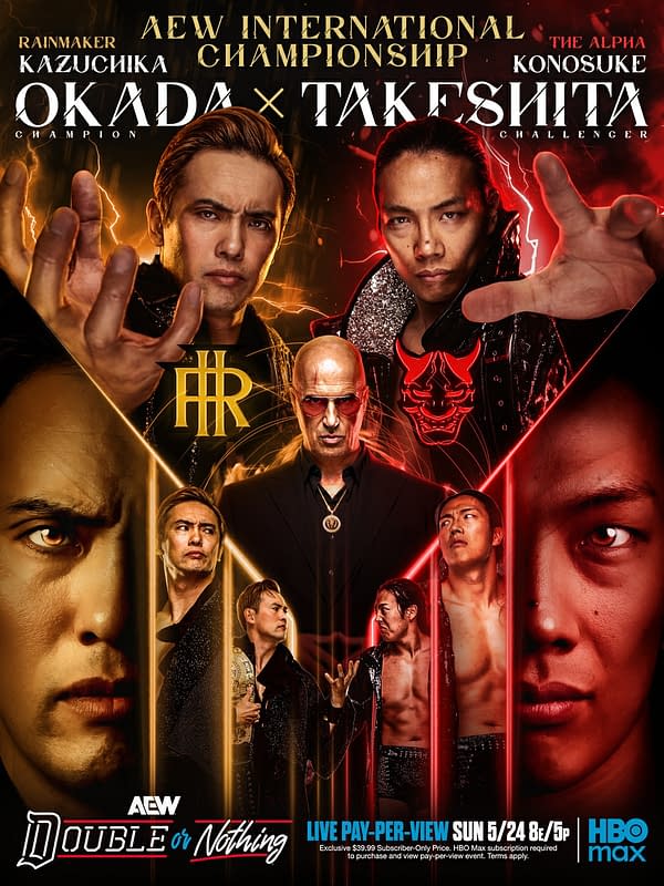 AEW Double or Nothing promotional poster for the AEW International Championship, featuring Kazuchika Okada facing Konosuke Takeshita with other wrestlers and a bald man in sunglasses centered between gold and red lighting. The poster emphasizes a tense showdown for the title.