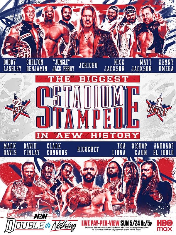 AEW Double or Nothing promotional poster for the Stadium Stampede match, featuring wrestlers Bobby Lashley, Shelton Benjamin, Jack Perry, Chris Jericho, Nick Jackson, Matt Jackson, and Kenny Omega. The center text reads