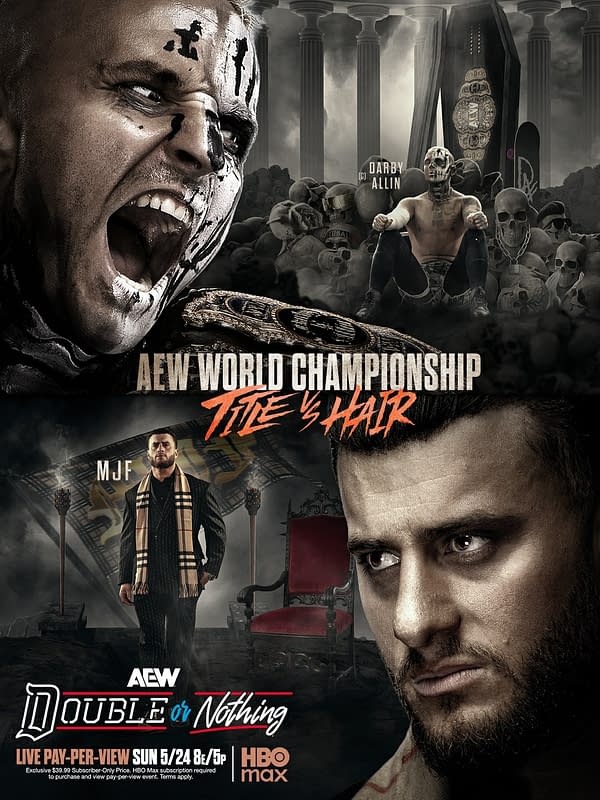 Promotional poster for AEW Double or Nothing featuring the AEW World Championship Hair vs. Hair match between Darby Allin and MJF, with dramatic close-ups of both wrestlers and a dark, skull-filled background.