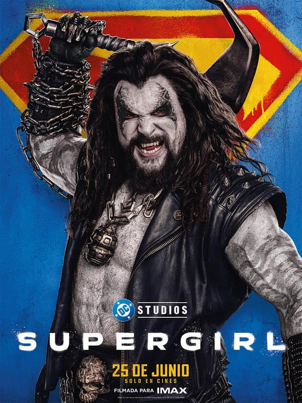 DC Studios Supergirl character poster featuring Lobo, a fierce pale-skinned villain with long dark hair, chains, and a raised weapon against a red-and-yellow superhero emblem background.
