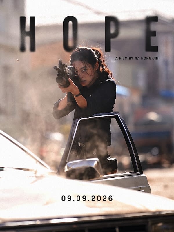 Movie poster for HOPE showing a woman aiming a rifle from a car, with the title and release date 09.09.2026.