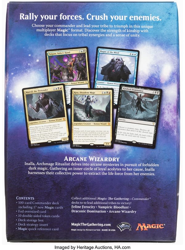 The back face for the sealed copy of the Arcane Wizardry preconstructed Magic: The Gathering deck from Commander 2017. Currently available at auction on Heritage Auctions' website.