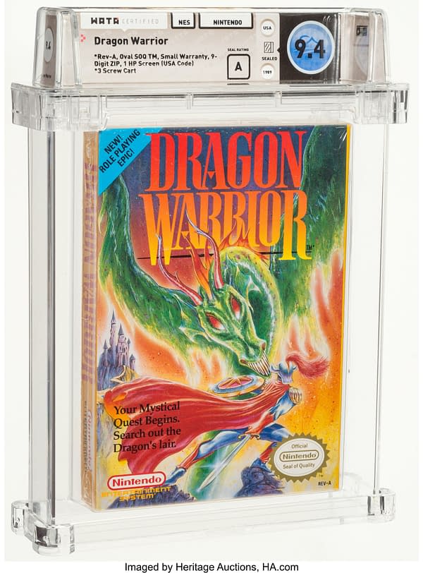 The front face of the sealed box for Dragon Warrior, a video game for the NES. This copy is part of the game's first print run. Currently available at auction on Heritage Auctions' website.