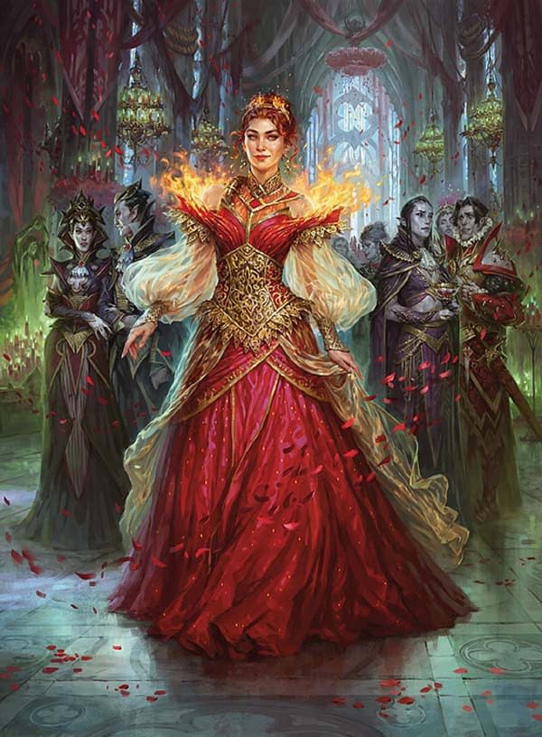 The art of Chandra, Dressed to Kill, a Planeswalker within the Magic: The Gathering canon. Illustrated by Ekaterina Burmak.