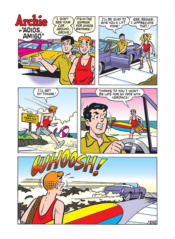 A colorful cartoon panel from Archie comics depicting characters Archie and Reggie discussing a car ride. In the background, other cars and a beach scene can be seen, with dialogue bubbles indicating their conversation about going to the beach and a date.
