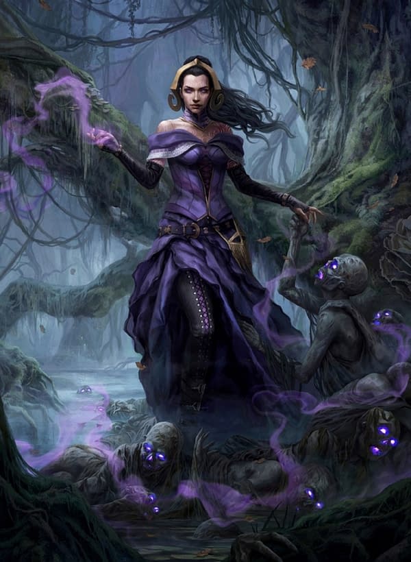 The art of Liliana, Waker of the Dead, a Planeswalker within the Magic: The Gathering canon. Illustrated by Magali Villeneuve.