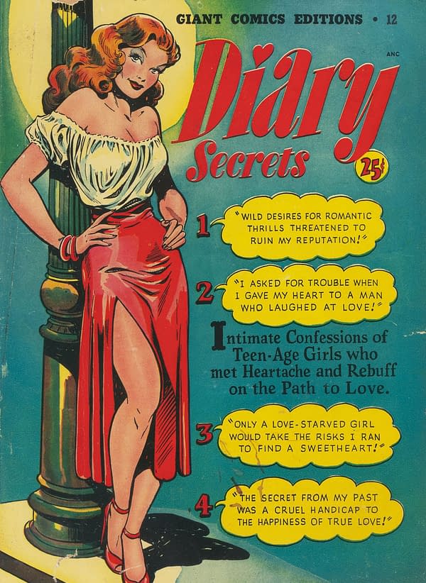 A vintage comic book cover featuring a glamorous red-haired woman in a white off-shoulder top and a long red skirt. The title reads "Diary Secrets," with various text snippets highlighting romantic themes and confessions.