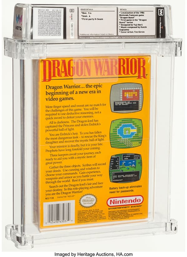 The back face of the sealed box for Dragon Warrior, a video game for the NES. This copy is part of the game's first print run. Currently available at auction on Heritage Auctions' website.