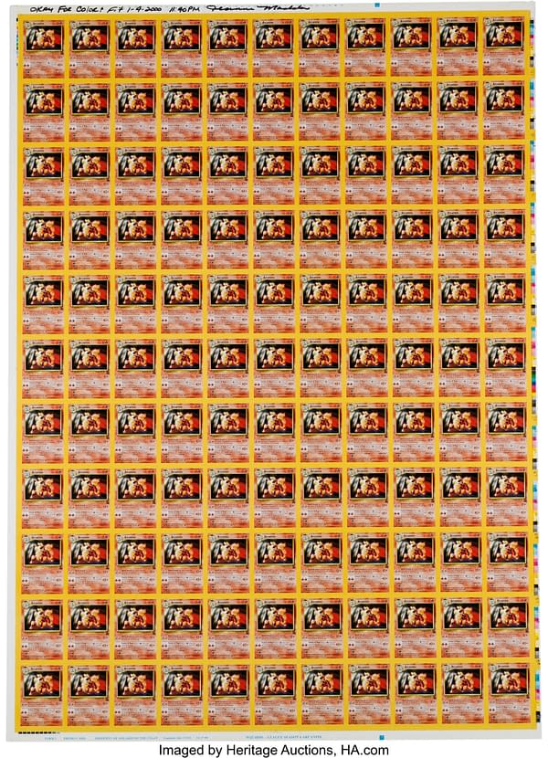 The front face of the uncut sheet of Black Star Promo Arcanines from the Pokémon Trading Card Game. Currently available at Heritage Auctions.
